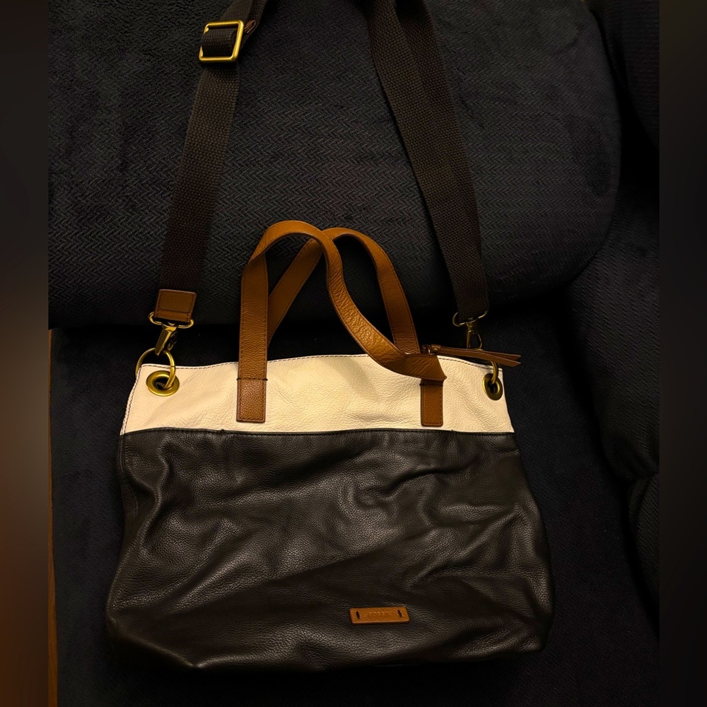 Fossil Black, Cream and Brown Leather Tote Bag